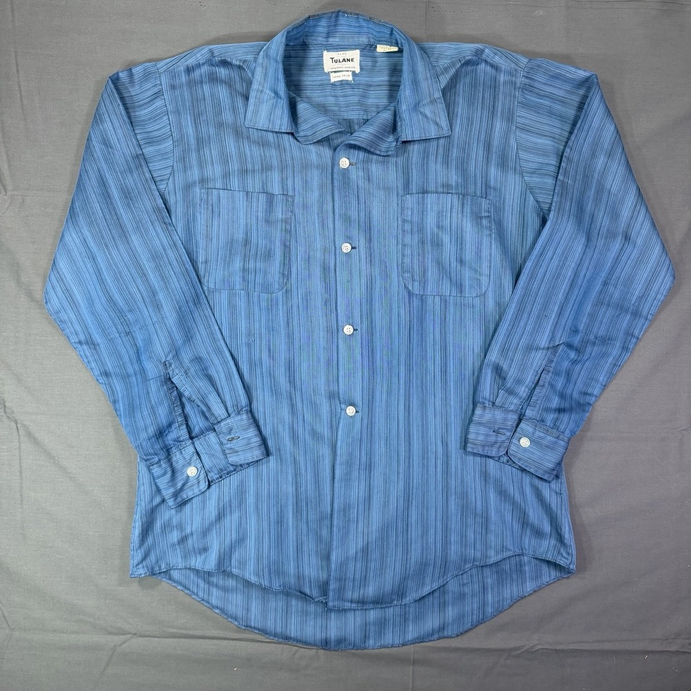 50s Rayon Cotton Loop Collar Shirt Sz L Blue Shadow Stripe Rockabilly Distressed